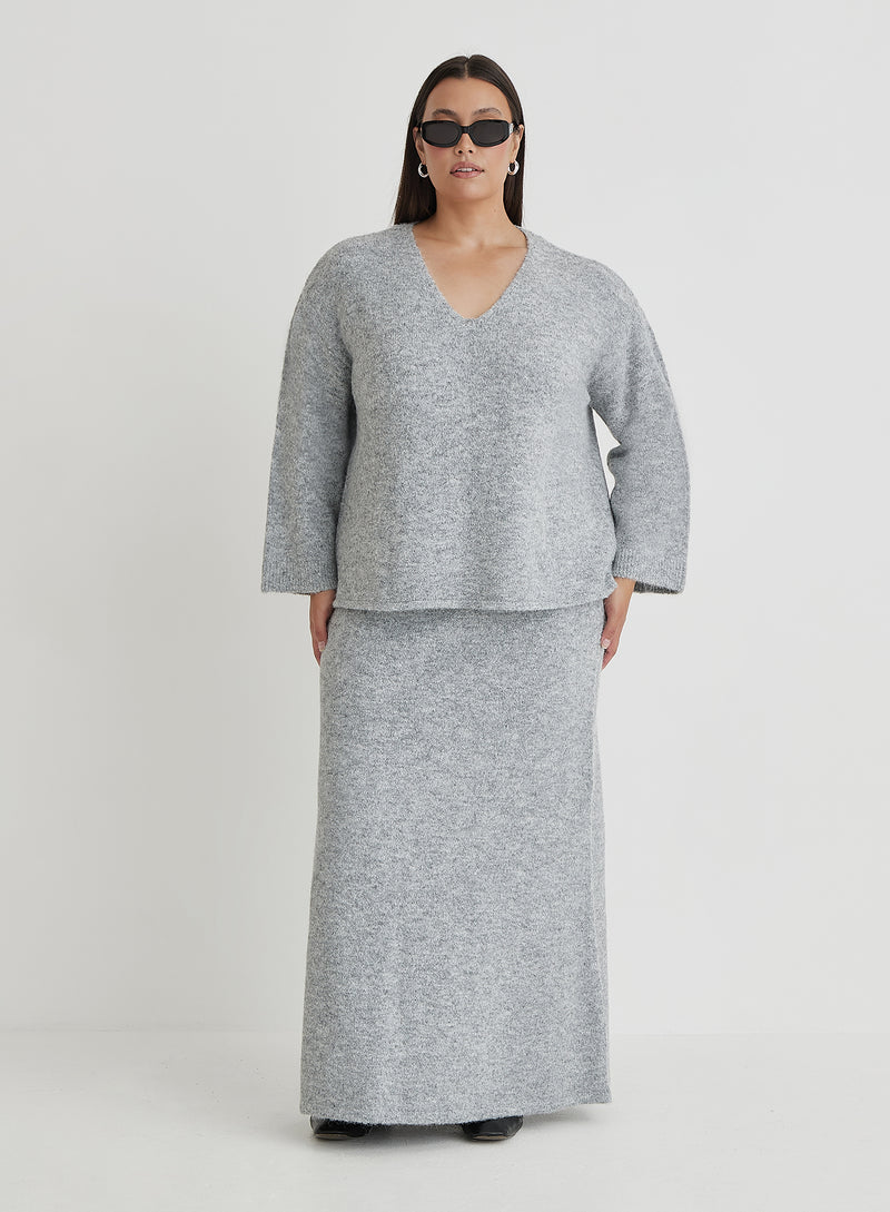 Grey Curve V Neck Knitted Jumper- Cadence