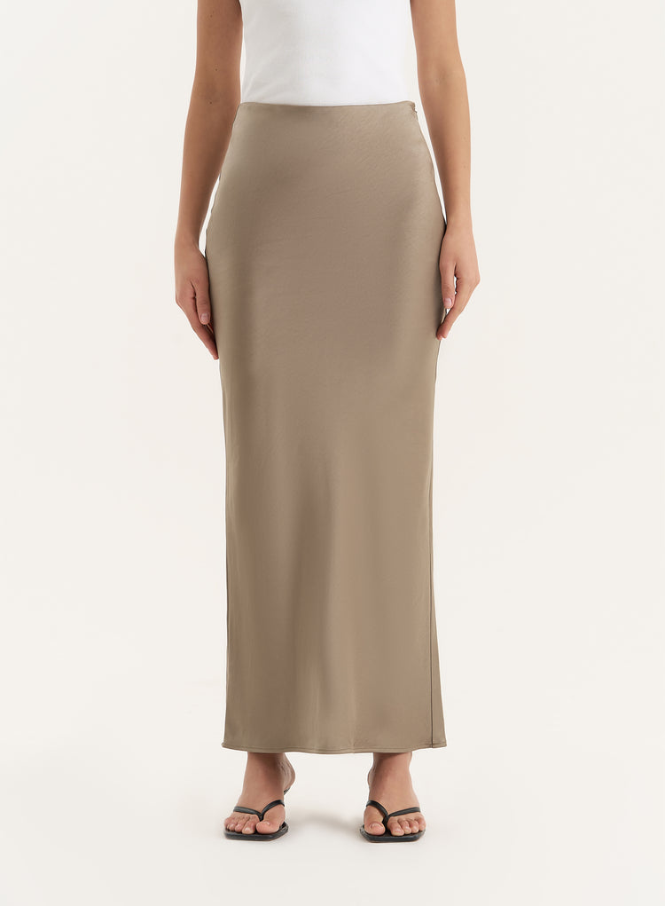 Olive Satin Maxi Skirt- Novah