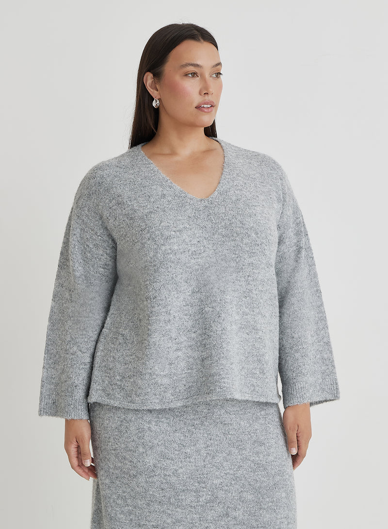 Grey Curve V Neck Knitted Jumper- Cadence