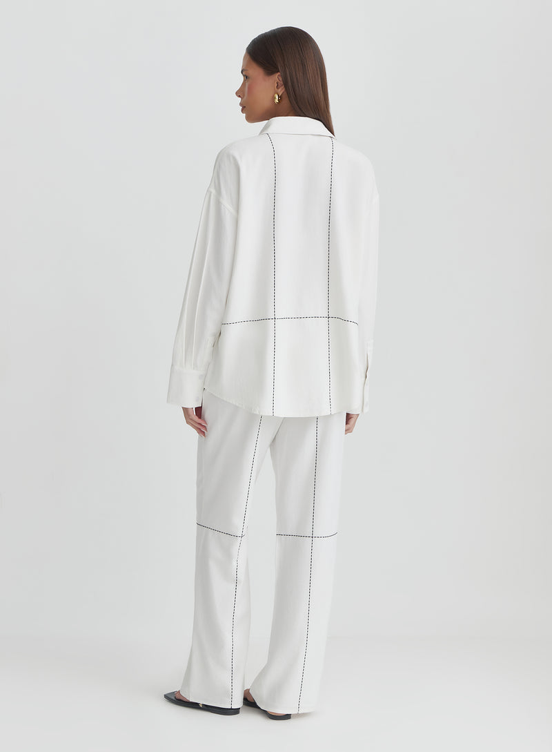 Off White Contrast Stitch Linen Oversized Shirt- Genevive