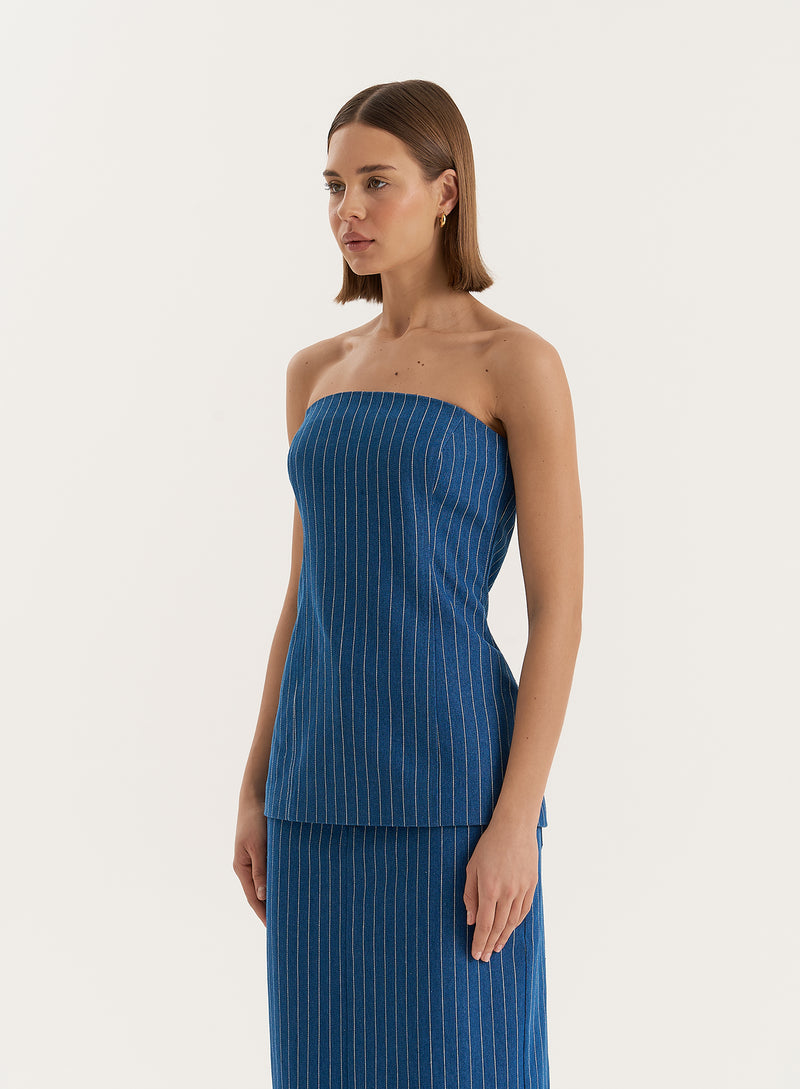 Blue Pinstripe Tailored Denim Corset- Dionne