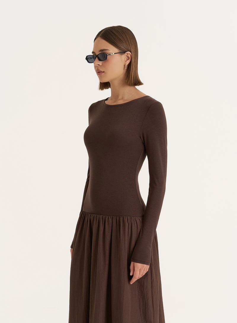 Chocolate Contrast Long Sleeve Maxi Dress- Rosie