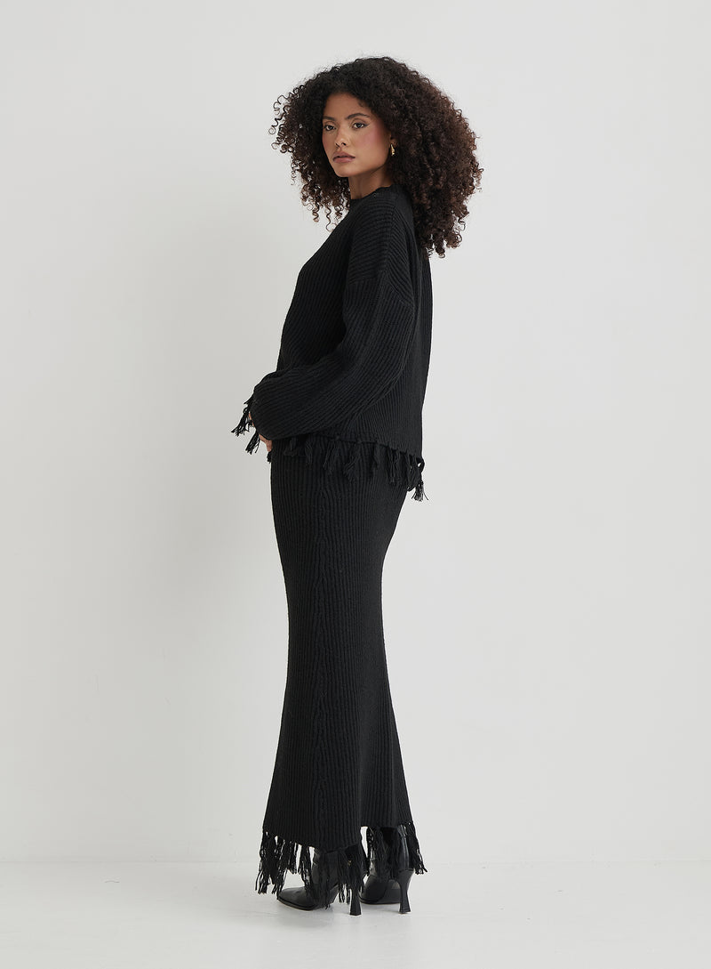 Black Knit Tassle Trim Maxi Skirt- Fallon