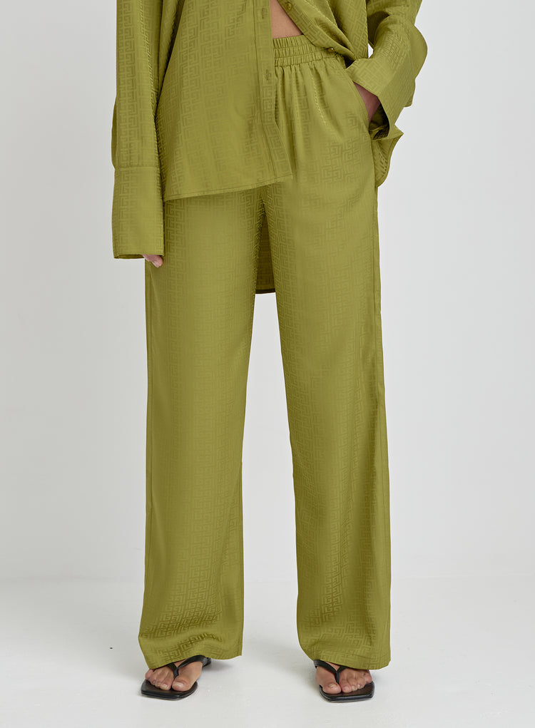 Green Jacquard Satin Print Trouser- Mimi