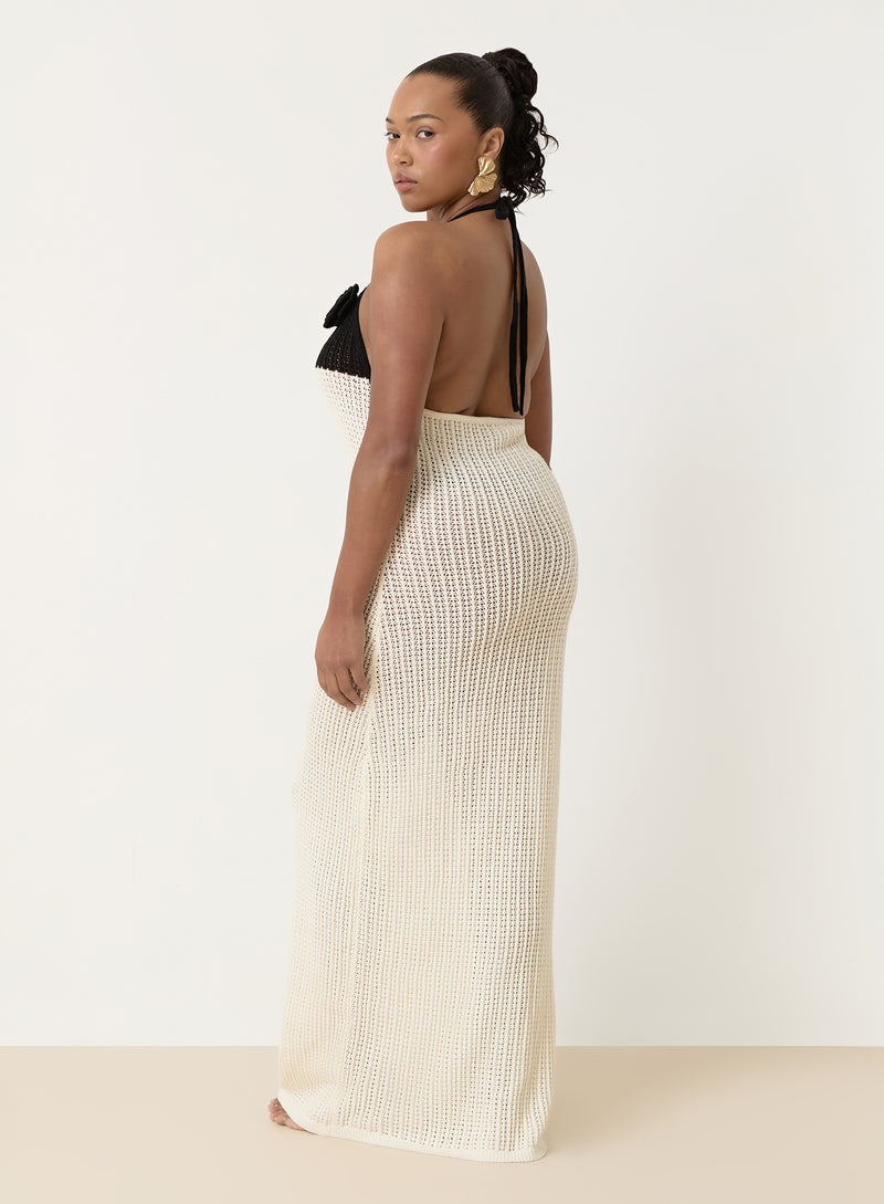 Cream And Black Knit Corsage Maxi Dress- Orchid