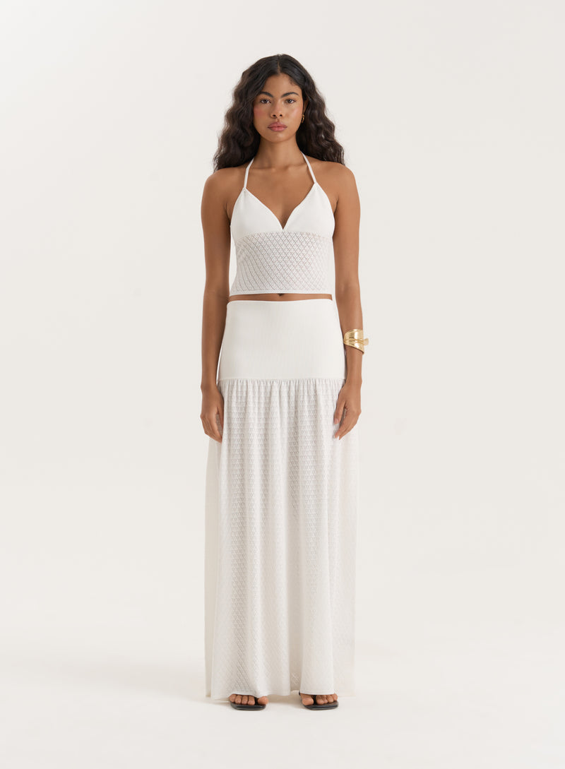 White Contrast Knit Drop Waist Maxi Skirt- Avani