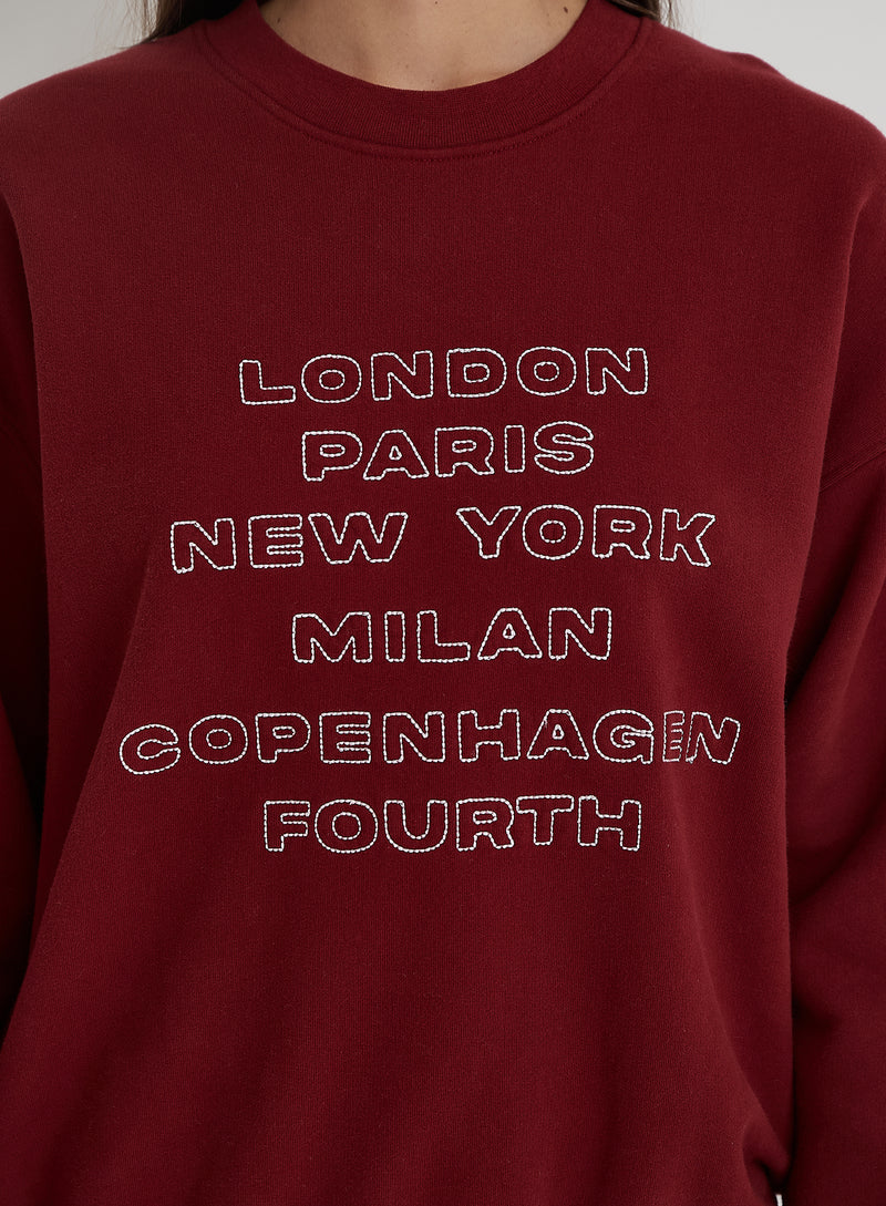 Burgundy Fashion Week Motif Oversized Sweatshirt- Elle