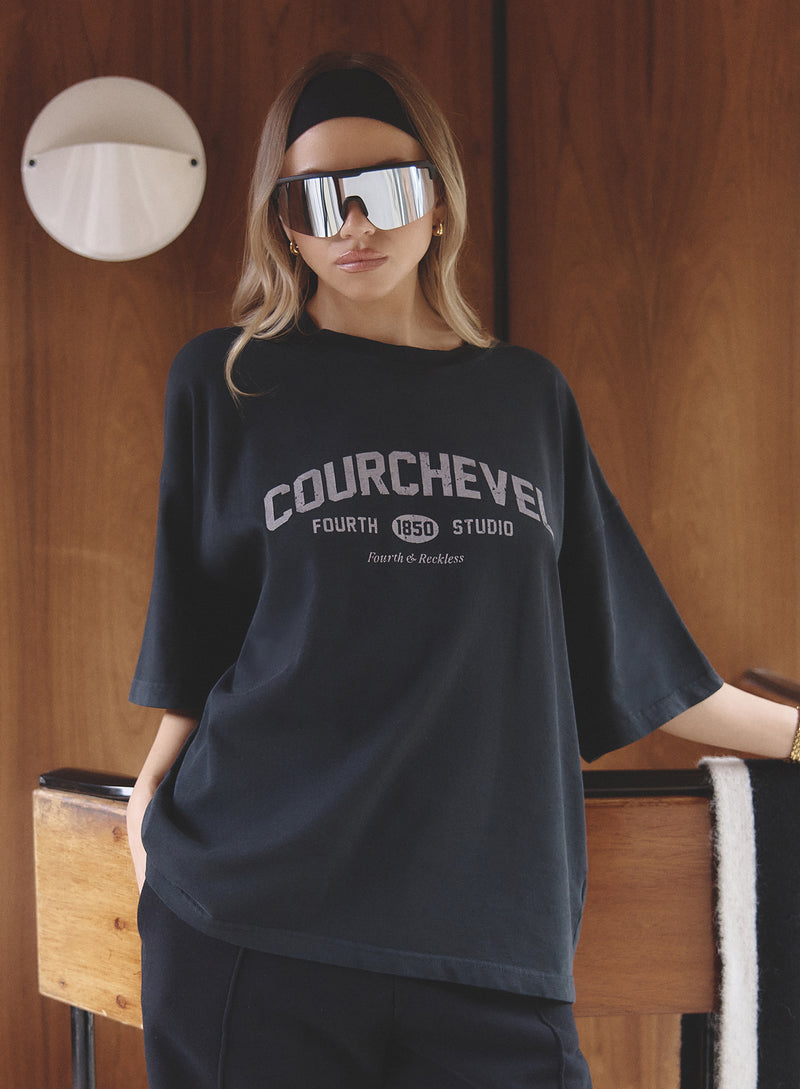 Grey Acid Wash Courchevel Slogan Print T-Shirt- Adeline