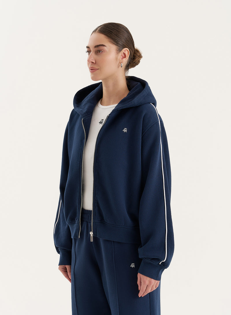 Navy Fourth Branded Cropped Zip Hoodie- Carey