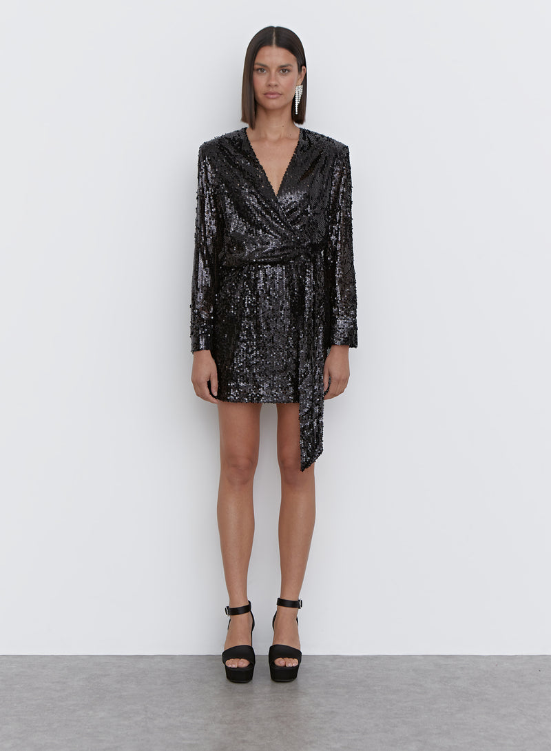 Black Sequin Tie Waist Mini Dress - Olsen