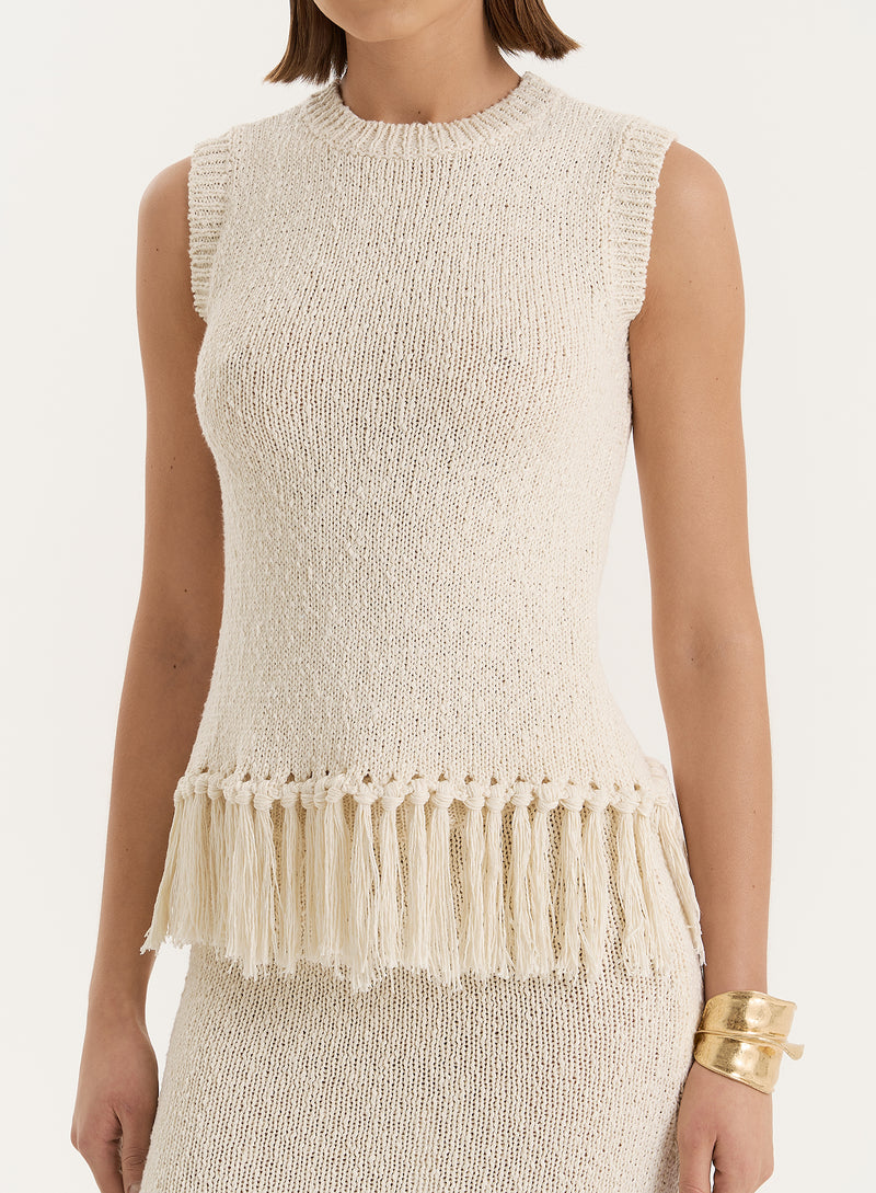 Beige Sleeveless Knitted Tassel Trim Top- Lauryn