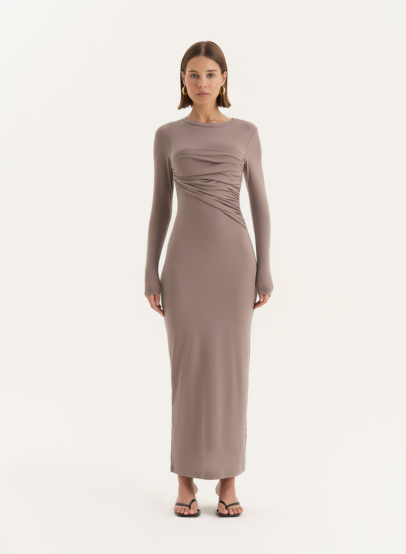 Beige Bust Detail Long Sleeve Maxi Dress- Xavier