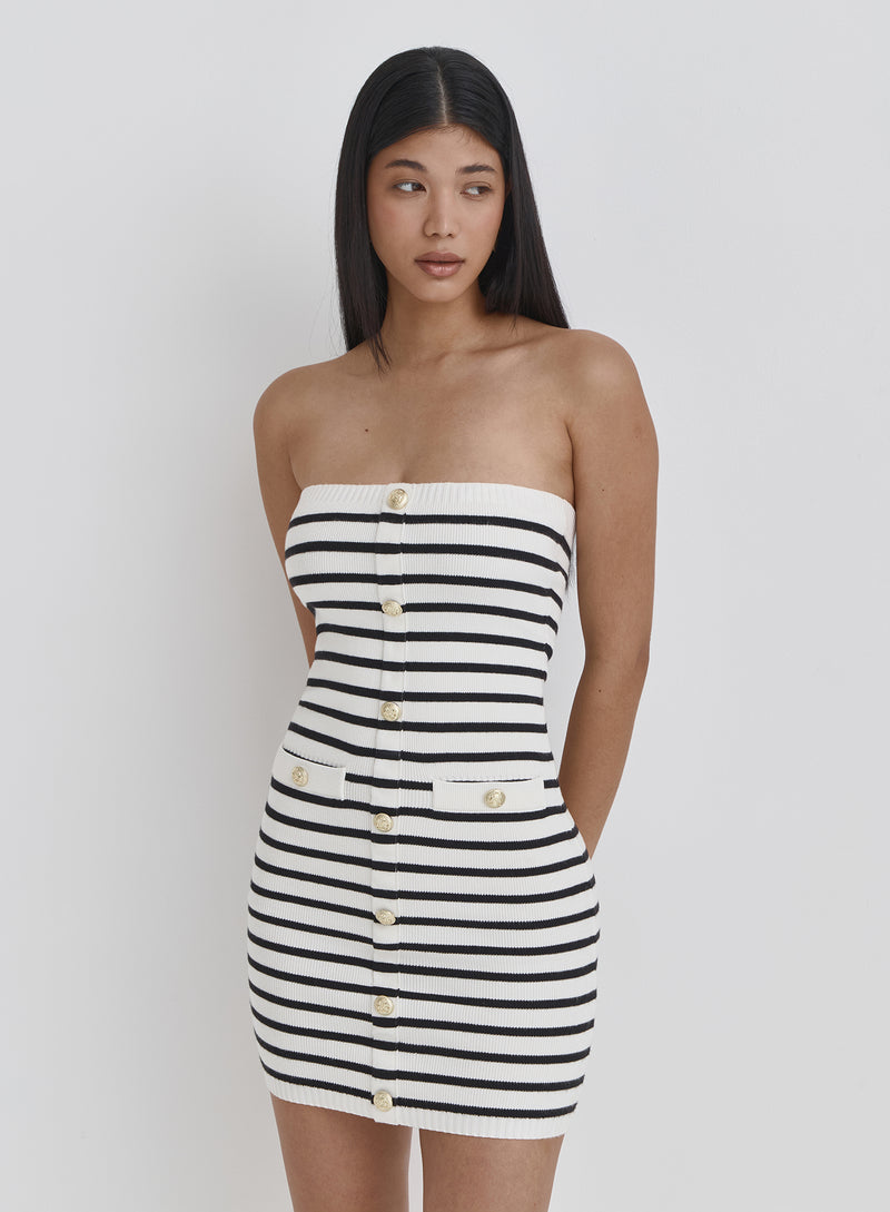 Multi Stripe Knitted Bandeau Button Mini Dress- Ally