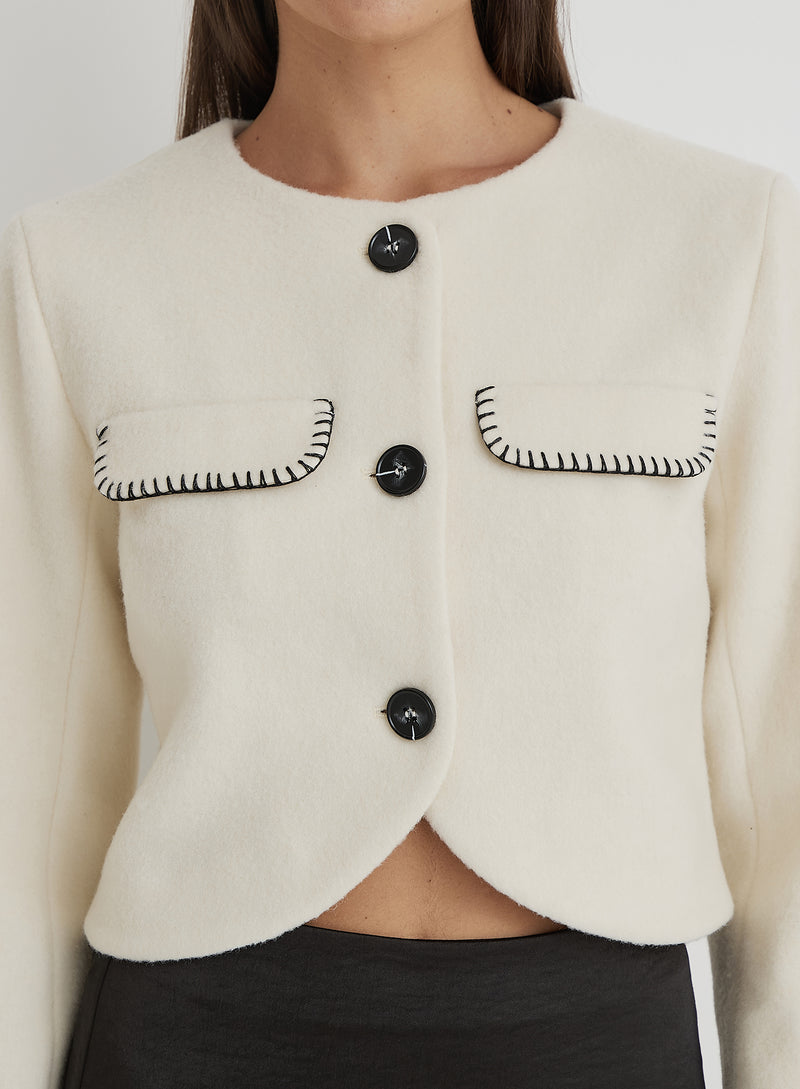 Women s Cream Wool Contrast Pocket Cropped Jacket Mable 4th Reckless