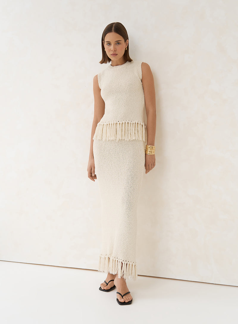 Beige Knitted Tassel Trim Maxi Skirt- Lauryn