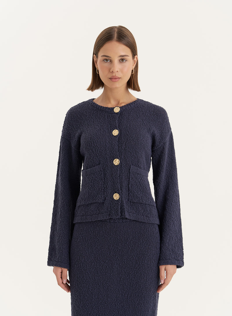 Navy Knitted Gold Button Front Cardigan- Sharni