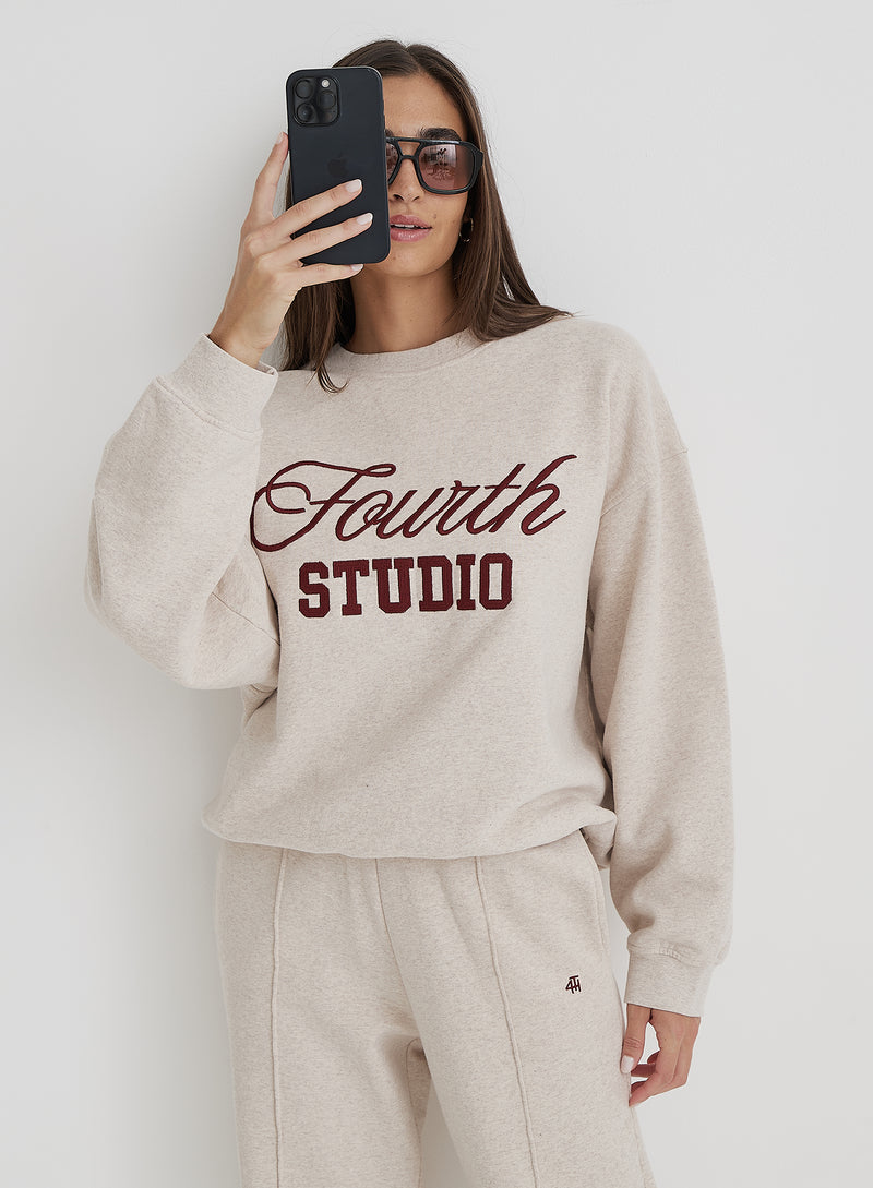 Oatmeal Fourth Studio Slogan Oversized Sweatshirt- Chester