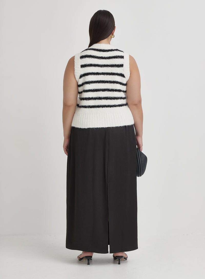 Black And Cream Curve Stripe Knitted Waistcoat- Daphie