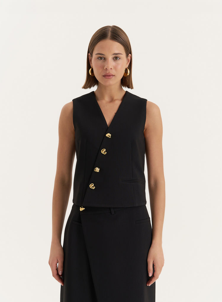 Black Asymmetric Gold Button Front Waistcoat- Brie