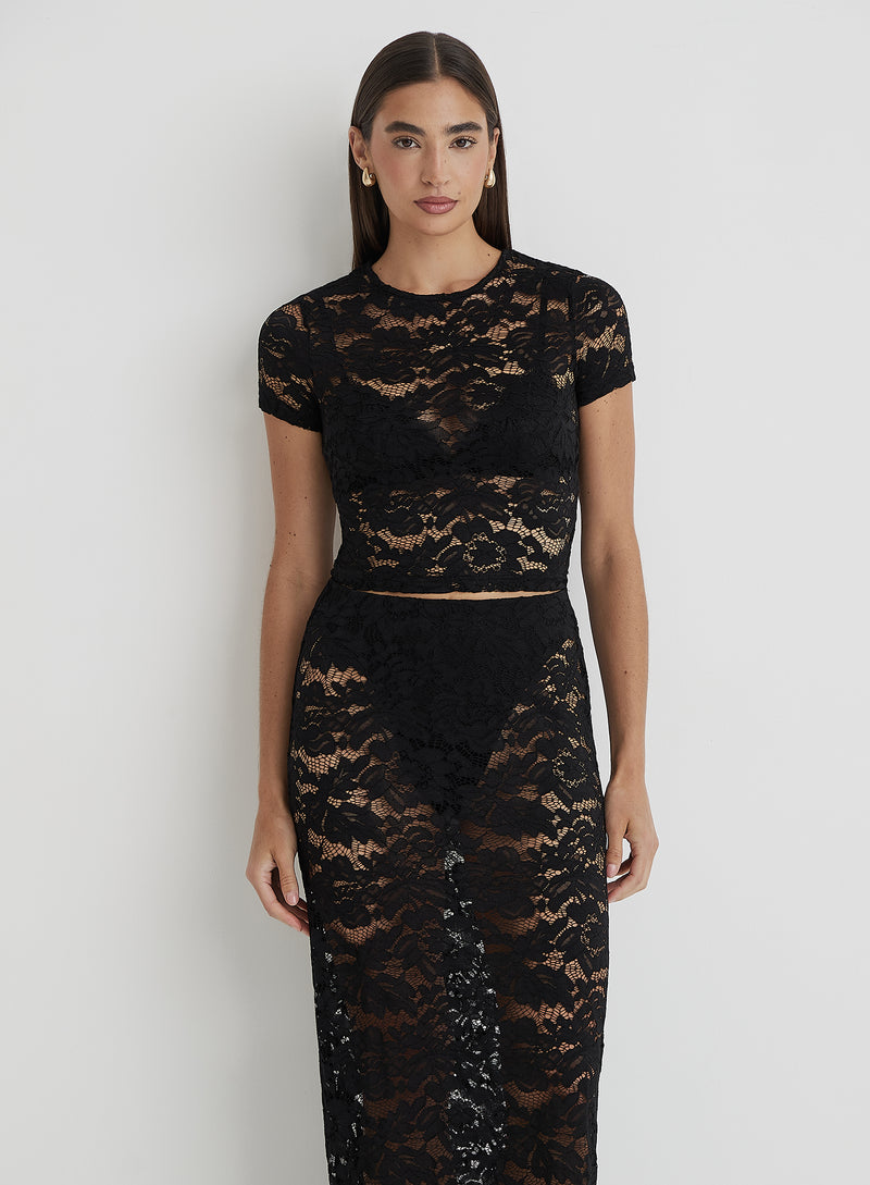 Black Short Sleeve Lace Top- Olga