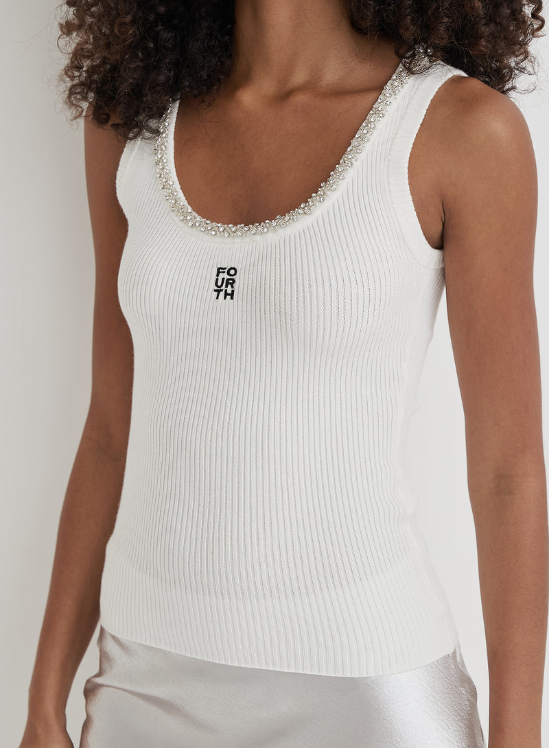 White Embellished Trim Branded Vest Top- Renya