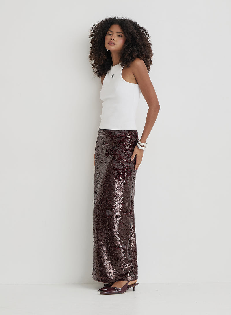 Burgundy Sequin Maxi Skirt- Odell