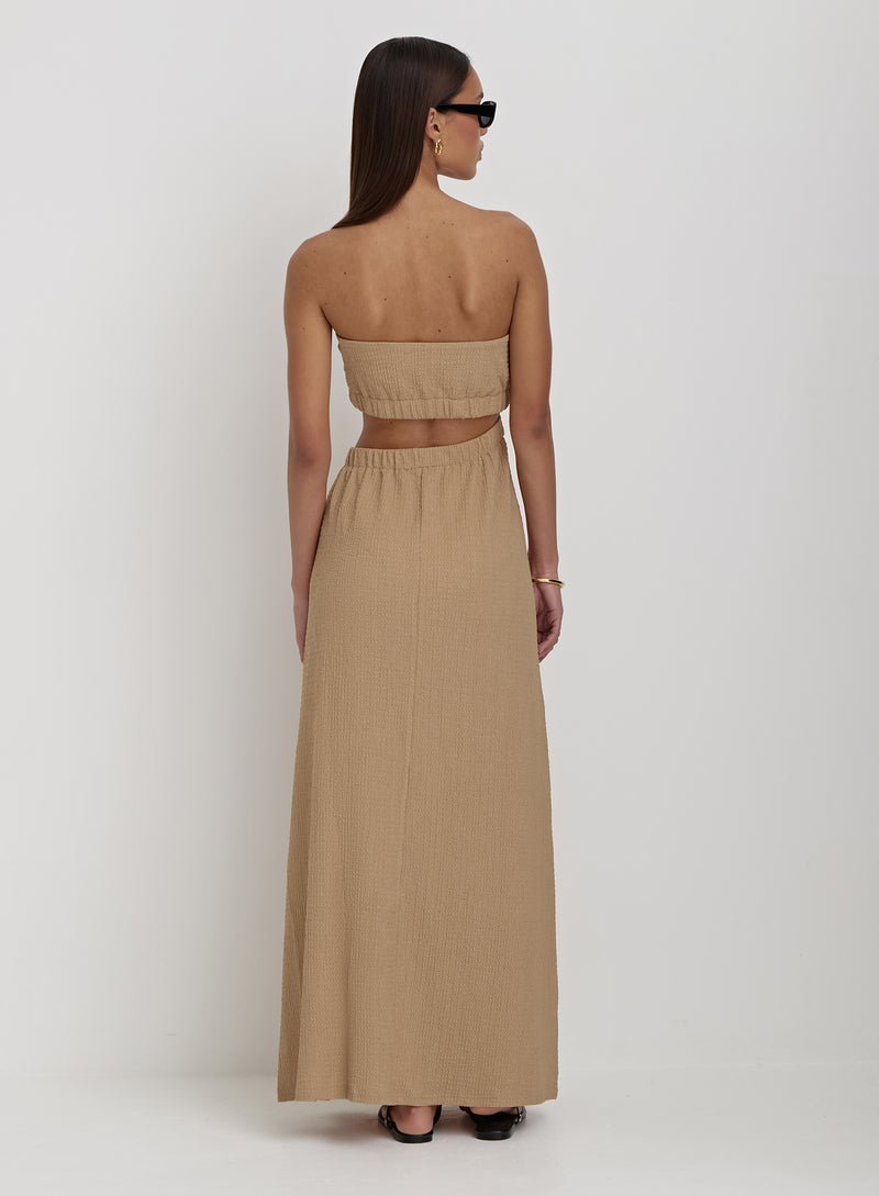 Camel Textured Cut Out Bandeau Maxi Dress- Angie