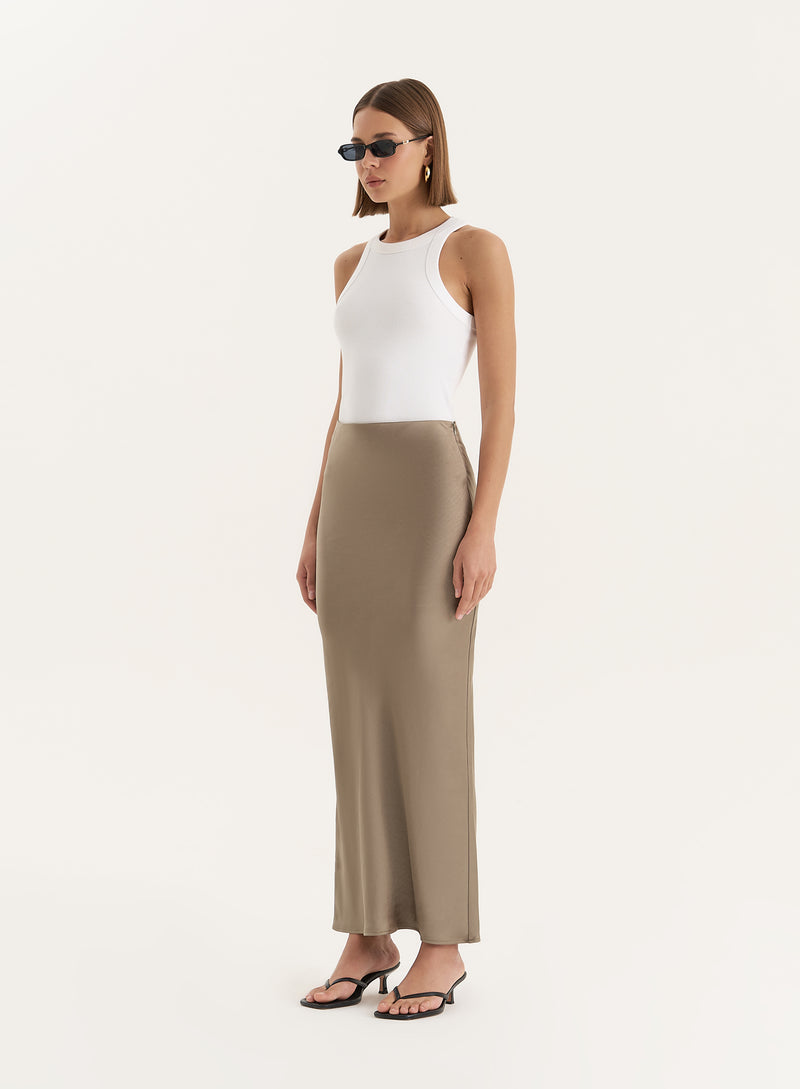 Olive Satin Maxi Skirt- Novah