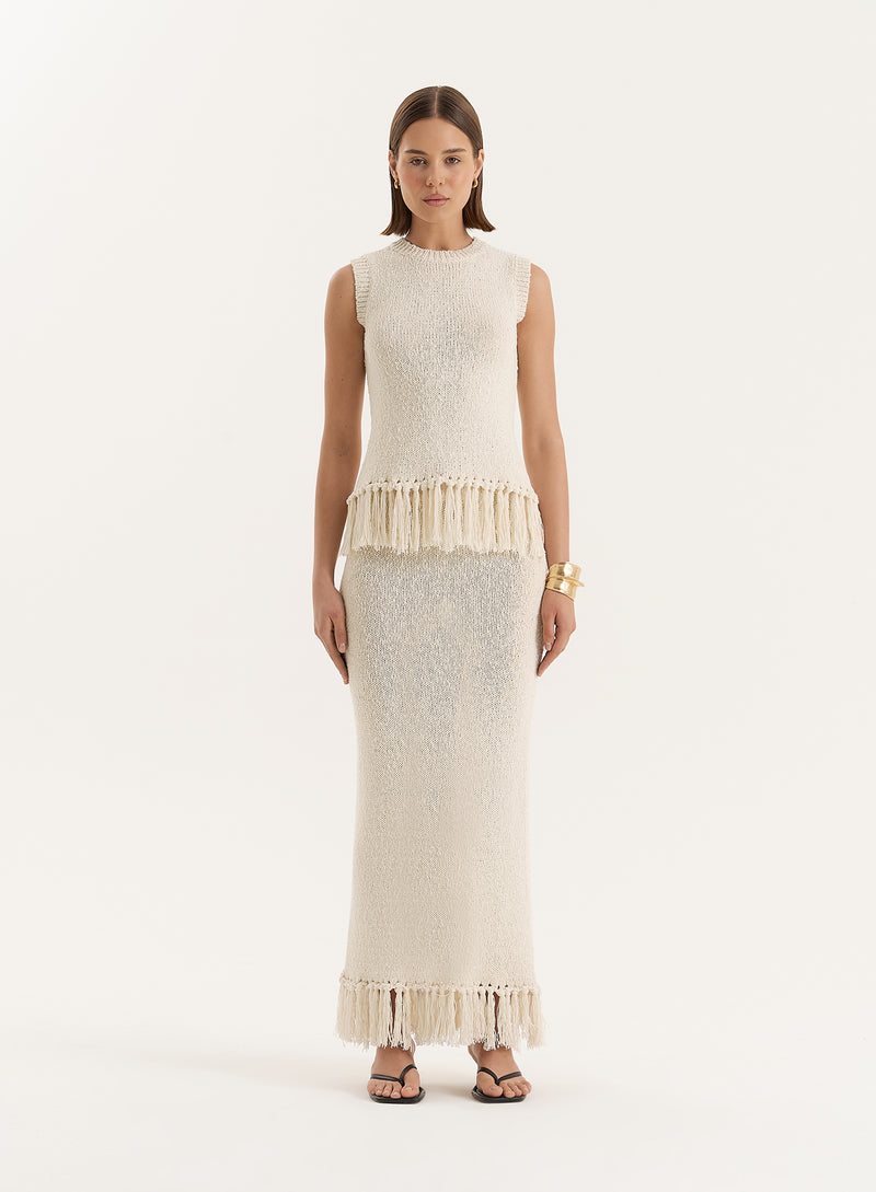 Beige Knitted Tassel Trim Maxi Skirt- Lauryn