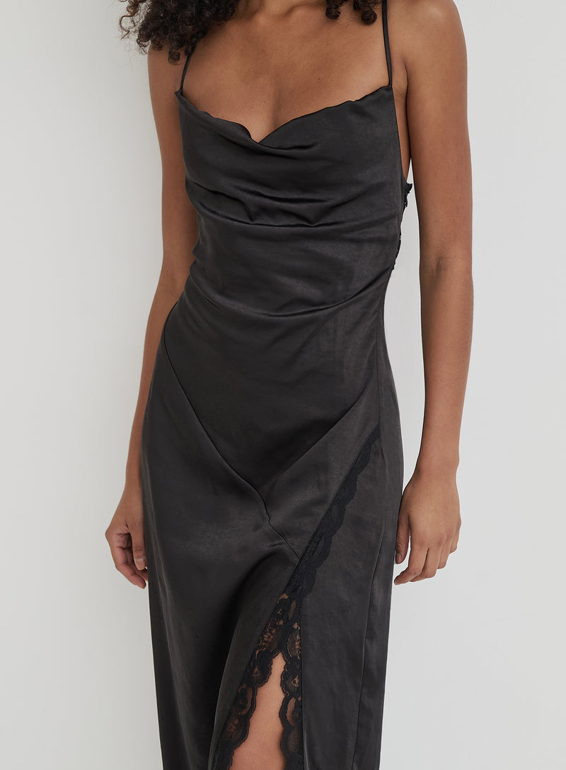 Black Satin Side Split Maxi Dress- Kacie