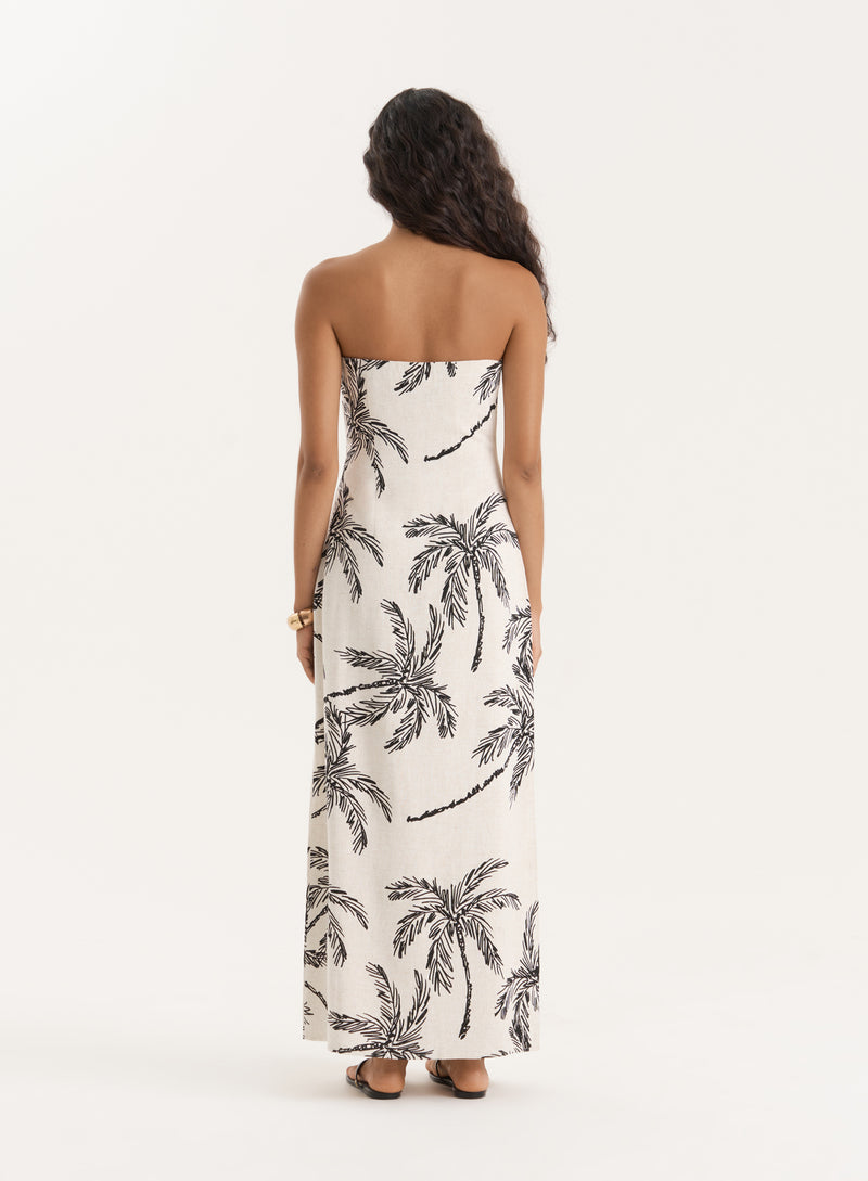 Printed Linen Blend Bandeau Midaxi Dress- Carmel