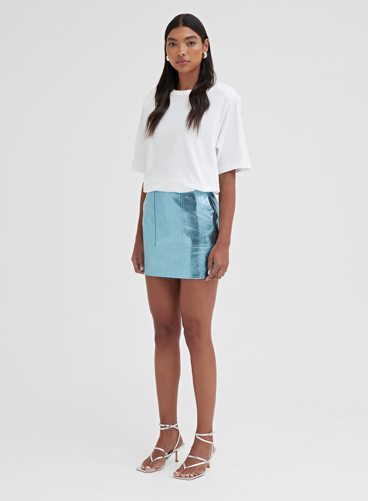 Blue Metallic Faux Leather Mini Skirt - Kiki