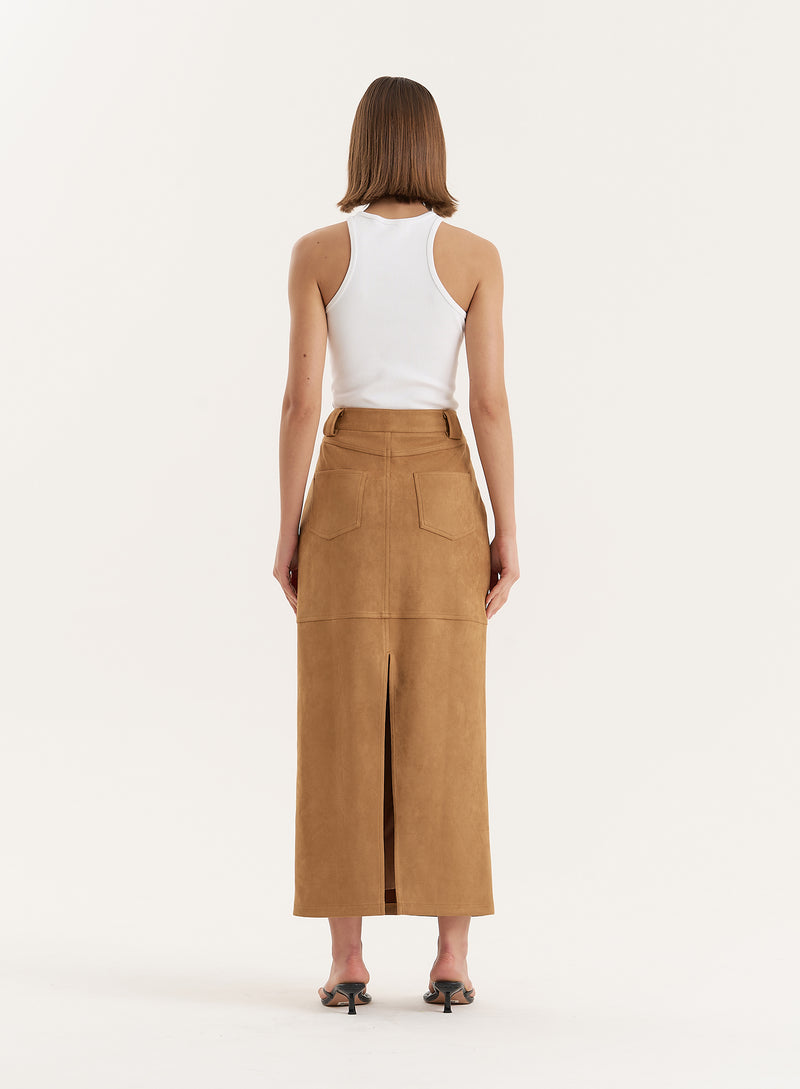 Tan Faux Suede Maxi Skirt- Stephy