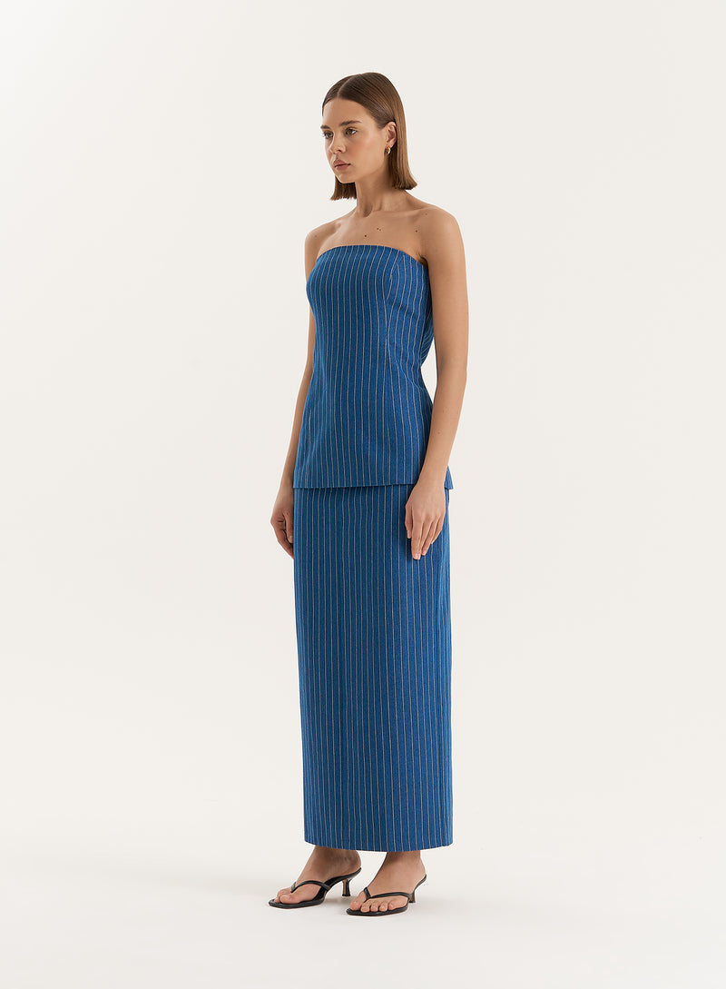 Blue Pinstripe Tailored Denim Maxi Skirt- Dionne