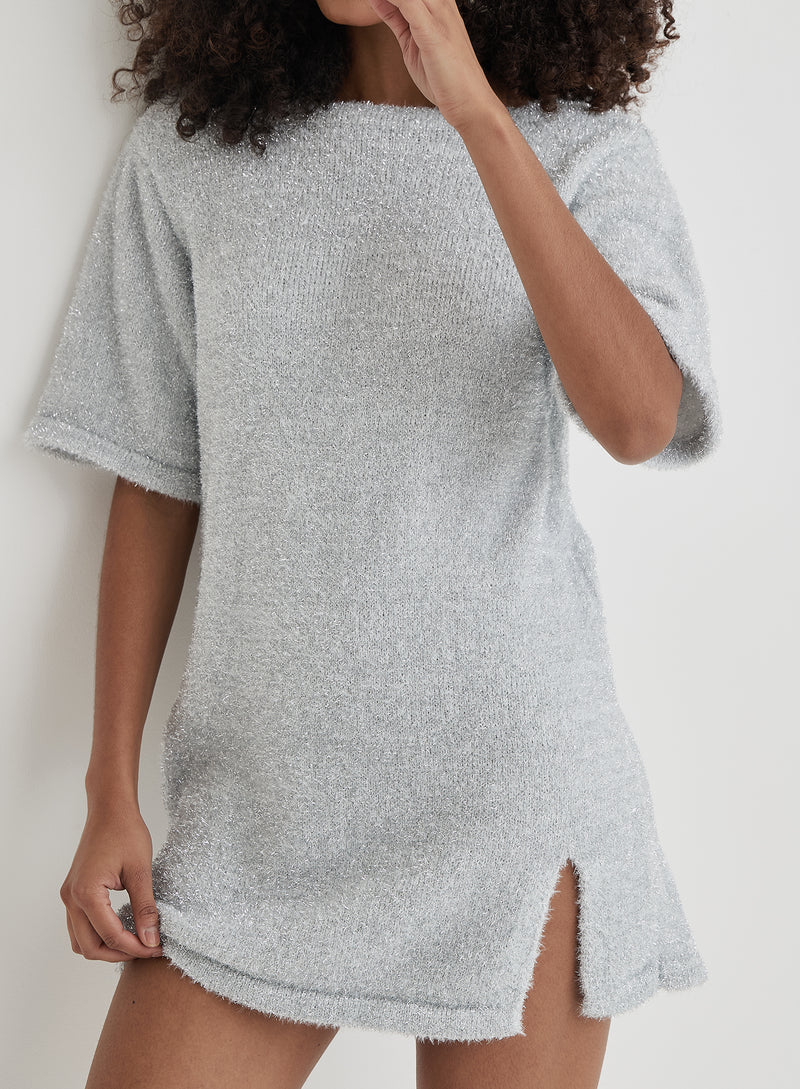 Silver Tinsel Knit Mini Dress- Meggy