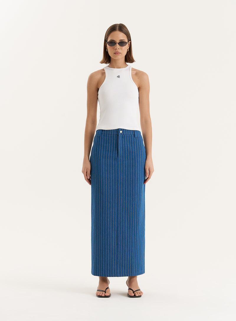 Blue Pinstripe Tailored Denim Maxi Skirt- Dionne