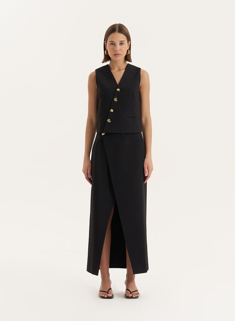 Black Asymmetric Waist Side Split Maxi Skirt- Brie