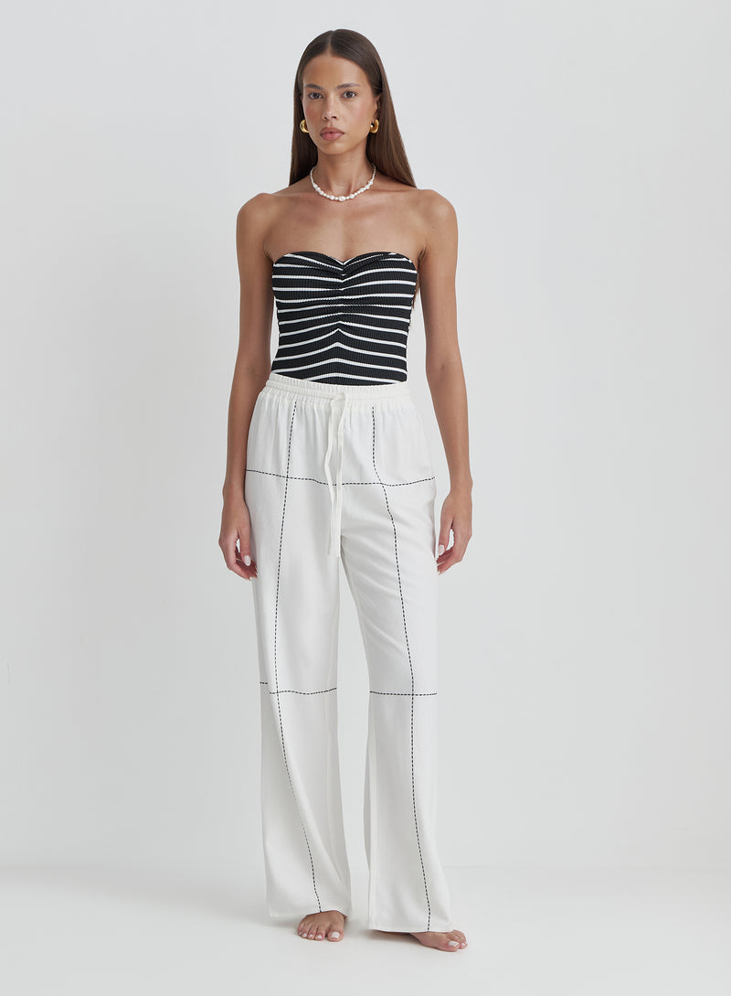 Off White Contrast Stitch Linen Trouser- Genevive