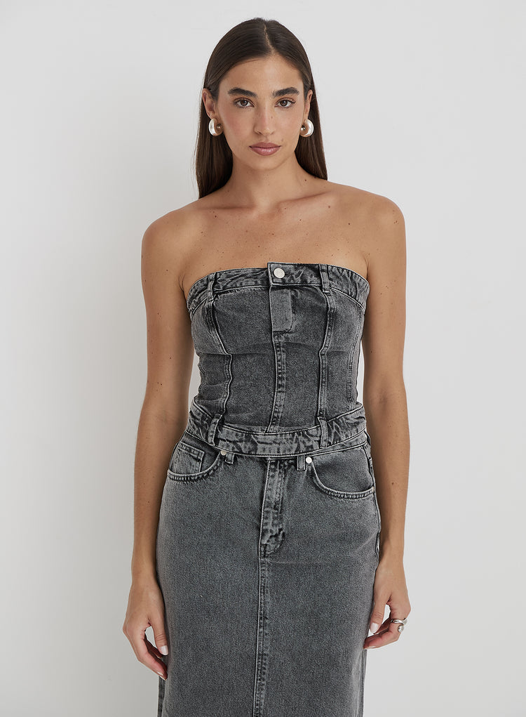 Washed Grey Denim Corset Top - Maxine