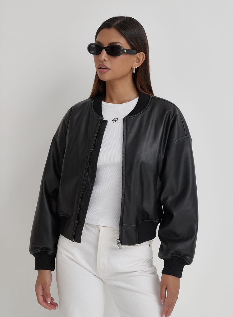 Black PU Bomber Jacket- Layton