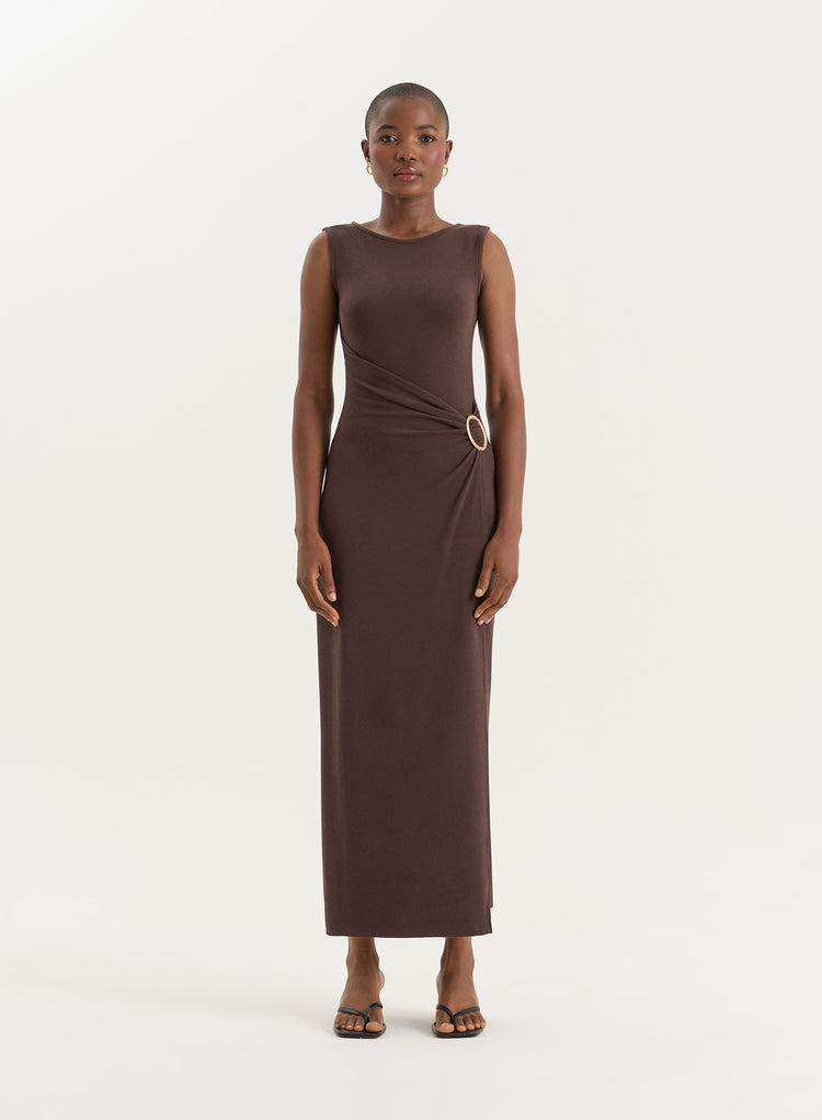 Chocolate Gathered Waist Jersey Maxi Dress- Nia