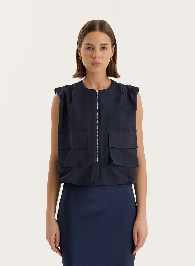 Navy Drawstring Gilet- Cleo