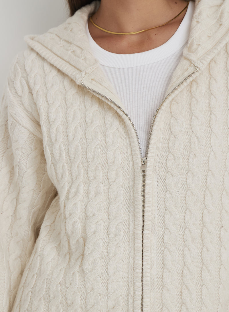 Cream Cable Knit Zip Hoodie- Janina