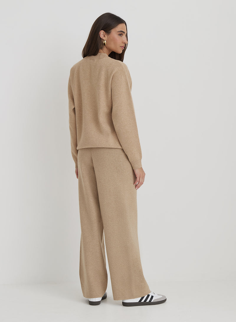 Beige Knitted Wide Leg Trouser- Cameron