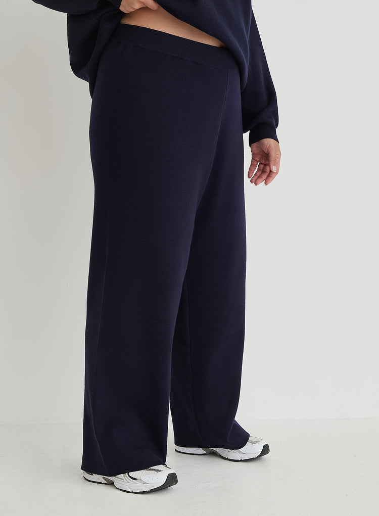 Navy Curve Knitted Wide Leg Trouser- Cameron