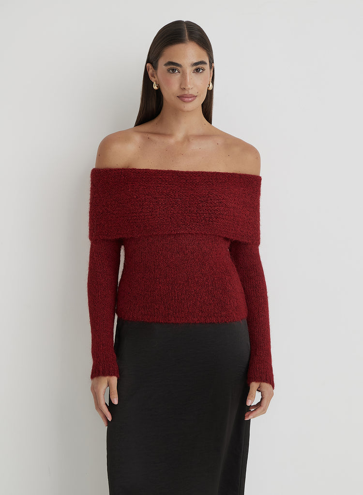 Red Knitted Bardot Long Sleeve Top- Krissy