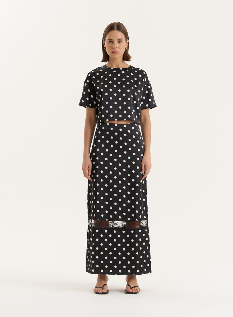 Polka Dot Satin Lace Detail Maxi Skirt- Jayda