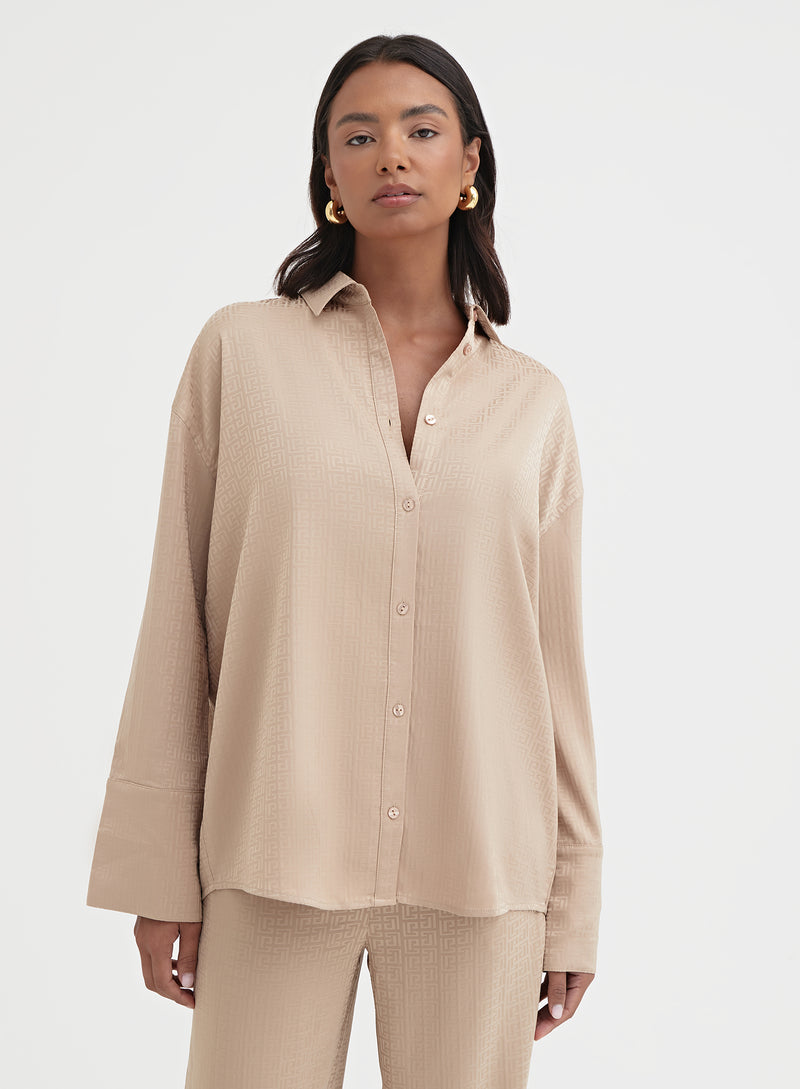 Camel Relaxed Geo Print Satin Shirt - Mimi