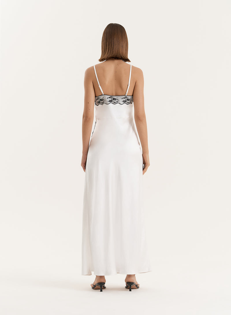 White Lace Detail Satin Slip Maxi Dress- Merida