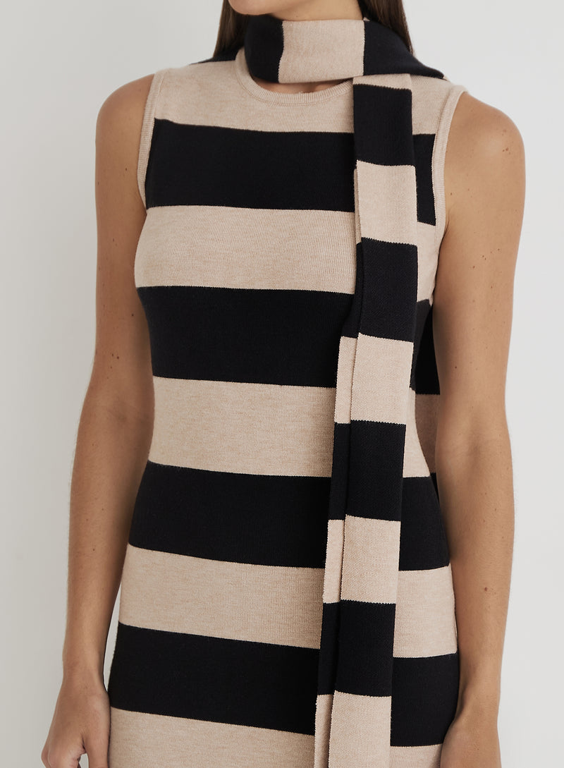 Striped Knitted Maxi Dress With Scarf- Fran